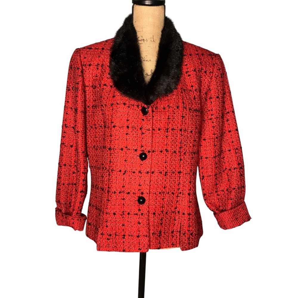 Vintage Jessica Howard Red and Black Blazer with Textured Fabric and Fur Collar